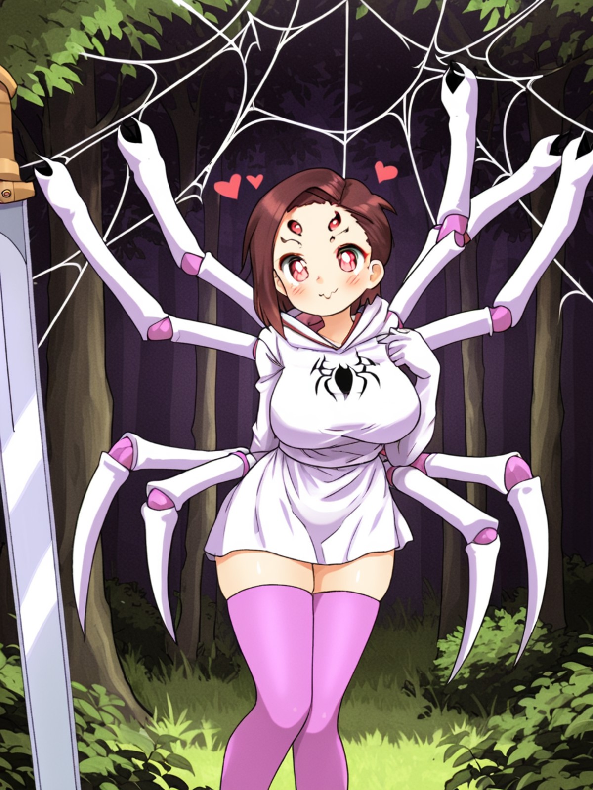 1girl in forest, (art by amonitto), solo, thighhighs, (spider girl:1.5), heart-shaped_pupils, pastel, (forest:1.5), large ...